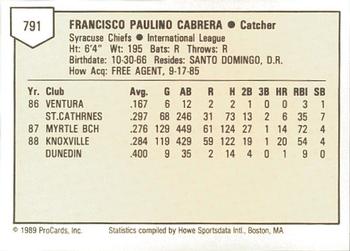 1989 ProCards Minor League Team Sets #791 Francisco Cabrera Back