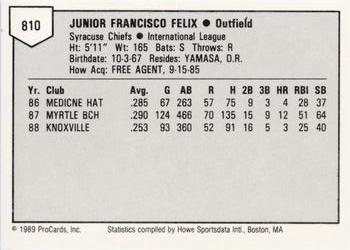 1989 ProCards Minor League Team Sets #810 Junior Felix Back