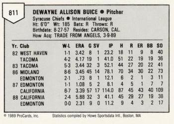 1989 ProCards Minor League Team Sets #811 DeWayne Buice Back