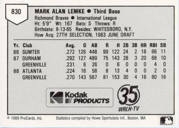 1989 ProCards Minor League Team Sets #830 Mark Lemke Back
