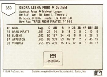 1989 ProCards Minor League Team Sets #859 Ondra Ford Back