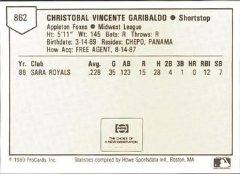 1989 ProCards Minor League Team Sets #862 Chris Garibaldo Back