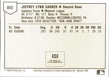 1989 ProCards Minor League Team Sets #863 Jeff Garber Back