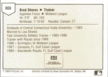 1989 ProCards Minor League Team Sets #869 Brad Shores Back