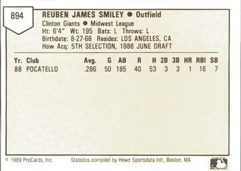 1989 ProCards Minor League Team Sets #894 Reuben Smiley Back
