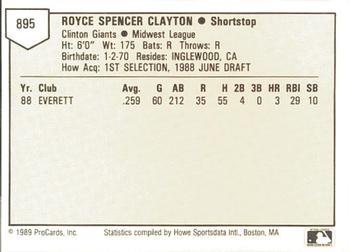 1989 ProCards Minor League Team Sets #895 Royce Clayton Back