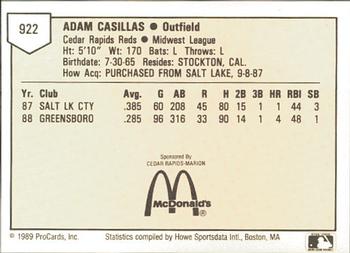1989 ProCards Minor League Team Sets #922 Adam Casillas Back