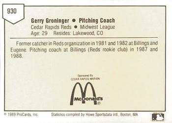 1989 ProCards Minor League Team Sets #930 Gerry Groninger Back