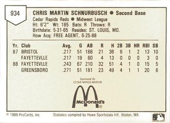 1989 ProCards Minor League Team Sets #934 Chris Schnurbusch Back