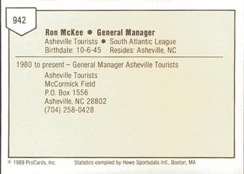 1989 ProCards Minor League Team Sets #942 Ron McKee Back