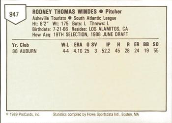 1989 ProCards Minor League Team Sets #947 Rodney Windes Back