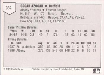 1989 ProCards Minor League Team Sets #332 Oscar Azocar Back