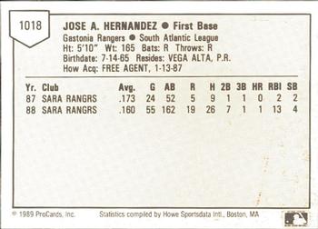 1989 ProCards Minor League Team Sets #1018 Jose Hernandez Back
