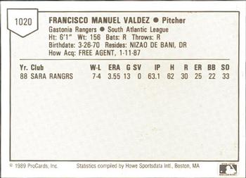 1989 ProCards Minor League Team Sets #1020 Francisco Valdez Back