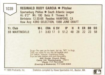 1989 ProCards Minor League Team Sets #1039 Reggie Garcia Back