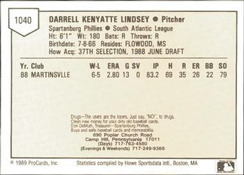 1989 ProCards Minor League Team Sets #1040 Darrell Lindsey Back