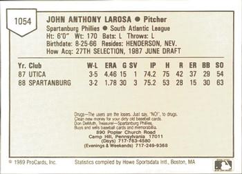 1989 ProCards Minor League Team Sets #1054 John Larosa Back