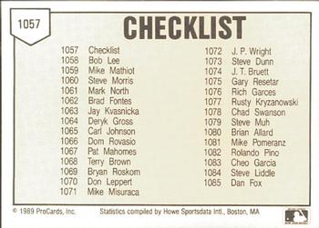 1989 ProCards Minor League Team Sets #1057 Checklist Back