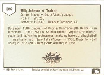 1989 ProCards Minor League Team Sets #1092 Willy Johnson Back