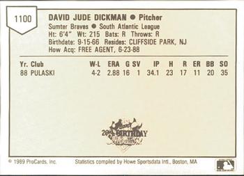 1989 ProCards Minor League Team Sets #1100 Dave Dickman Back