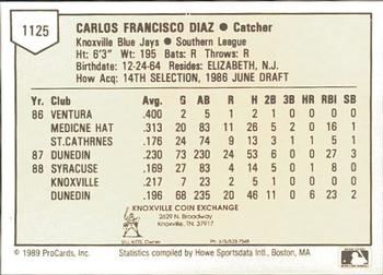 1989 ProCards Minor League Team Sets #1125 Carlos Diaz Back