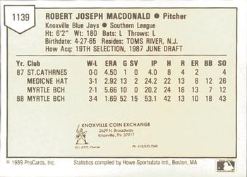 1989 ProCards Minor League Team Sets #1139 Rob MacDonald Back