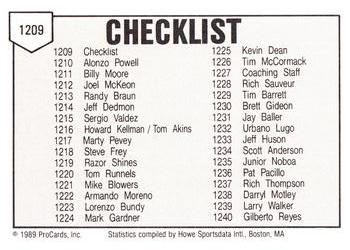 1989 ProCards Minor League Team Sets #1209 Checklist Back