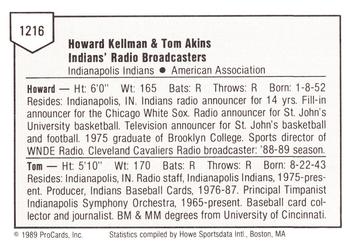 1989 ProCards Minor League Team Sets #1216 Tom Akins / Howard Kellman Back