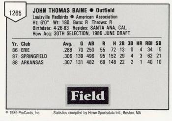 1989 ProCards Minor League Team Sets #1265 Tom Baine Back