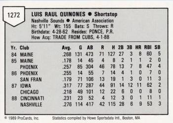 1989 ProCards Minor League Team Sets #1272 Luis Quinones Back