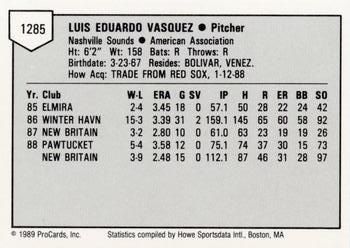 1989 ProCards Minor League Team Sets #1285 Luis Vasquez Back