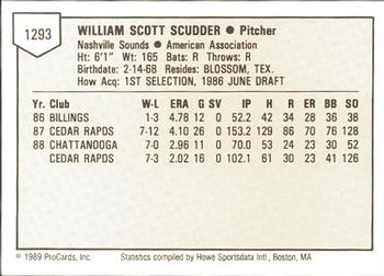 1989 ProCards Minor League Team Sets #1293 Scott Scudder Back