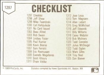1989 ProCards Minor League Team Sets #1297 Checklist Back