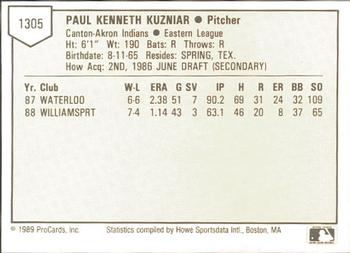 1989 ProCards Minor League Team Sets #1305 Paul Kuzniar Back
