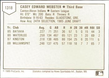 1989 ProCards Minor League Team Sets #1318 Casey Webster Back