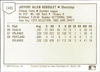 1989 ProCards Minor League Team Sets #1345 Jeff Reboulet Back