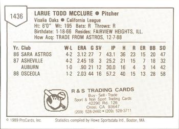 1989 ProCards Minor League Team Sets #1436 Todd McClure Back