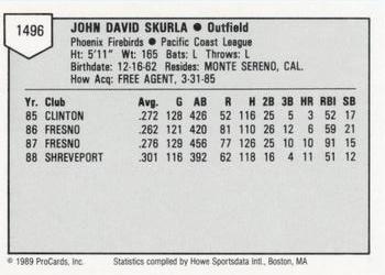 1989 ProCards Minor League Team Sets #1496 John Skurla Back