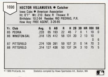 1989 ProCards Minor League Team Sets #1696 Hector Villanueva Back