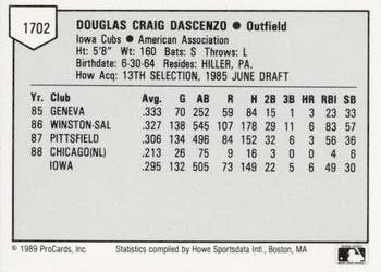 1989 ProCards Minor League Team Sets #1702 Doug Dascenzo Back