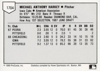 1989 ProCards Minor League Team Sets #1704 Mike Harkey Back