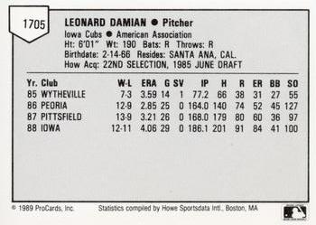 1989 ProCards Minor League Team Sets #1705 Len Damian Back