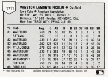 1989 ProCards Minor League Team Sets #1711 Winston Ficklin Back