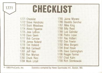 1989 ProCards Minor League Team Sets #1771 Checklist Back