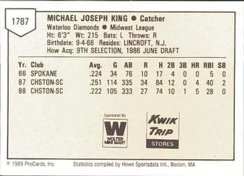 1989 ProCards Minor League Team Sets #1787 Mike King Back
