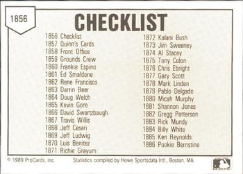 1989 ProCards Minor League Team Sets #1856 Checklist Back