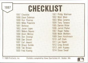 1989 ProCards Minor League Team Sets #1887 Checklist Back