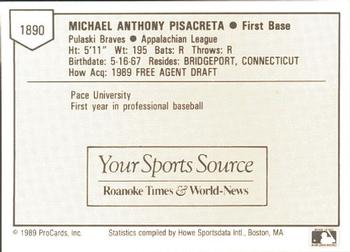1989 ProCards Minor League Team Sets #1890 Mike Pisacreta Back