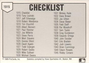 1989 ProCards Minor League Team Sets #1915 Checklist Back