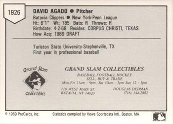 1989 ProCards Minor League Team Sets #1926 David Agado Back